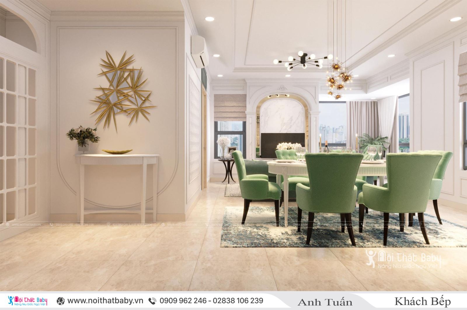 Nội thất phòng khách - bếp sang trọng - Phong cách tân cổ điển tại chung cư Emerald Celadon City